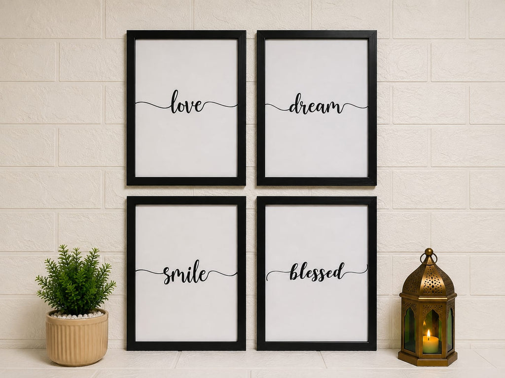 Minimalist Inspirational Wall Frame Set of 4 | Love, Dream, Smile & Blessed | Modern Wall Decor