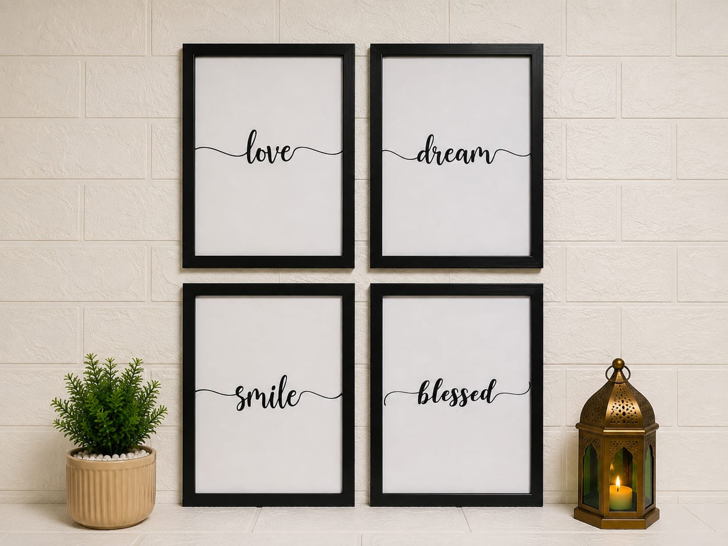 Minimalist Inspirational Wall Frame Set of 4 | Love, Dream, Smile & Blessed | Modern Wall Decor